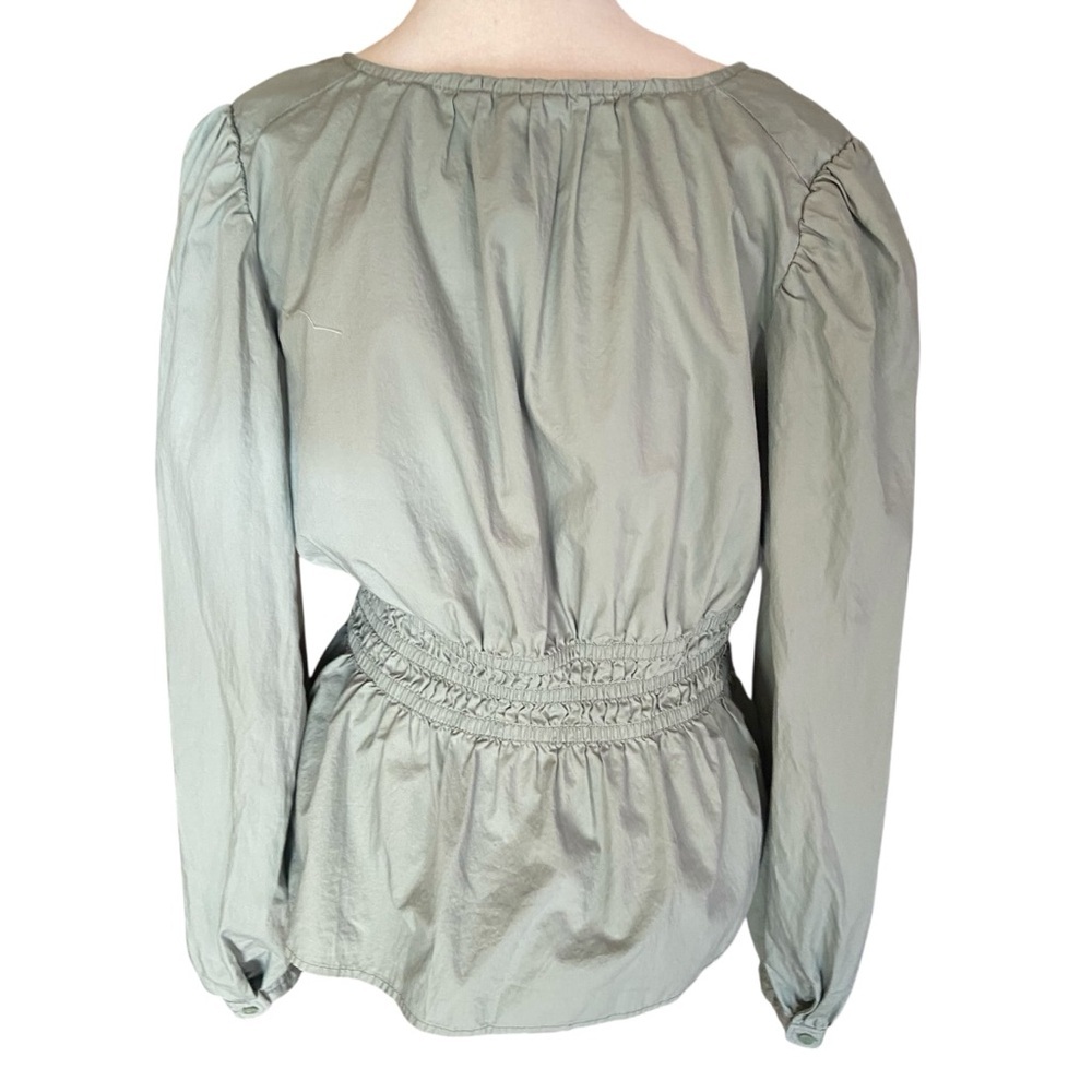 Gap Puff Sleeve Peplum Top Size S Sage Green Smocked Waist Spring Casual Coastal - Picture 7 of 9